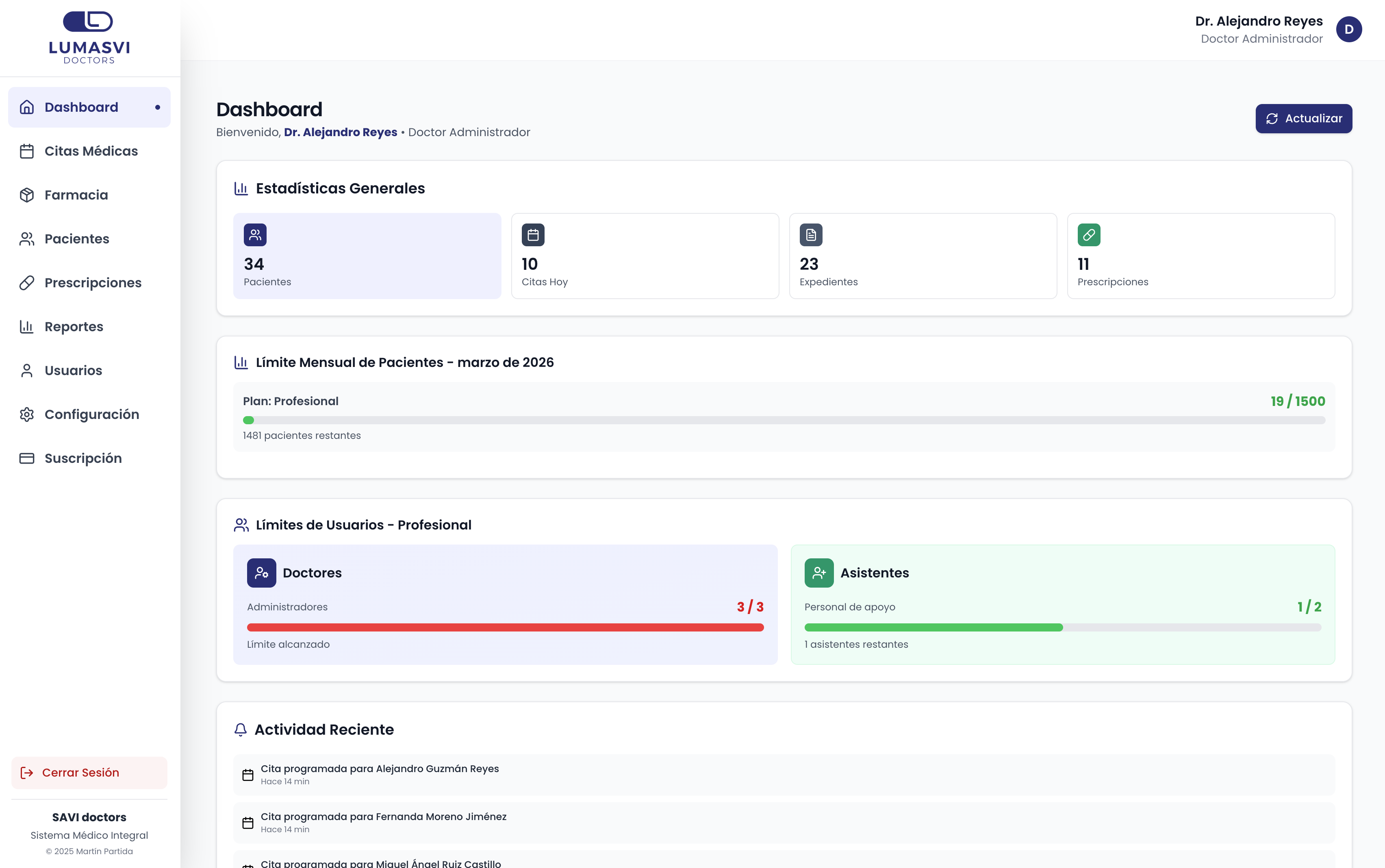 Dashboard principal de LUMASVI Doctors